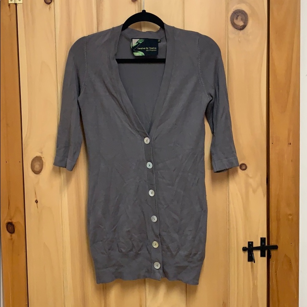 Long Grey 3/4 Sleeve Button Down Cardigan